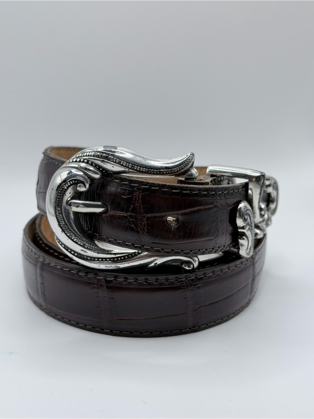 Brighton Dark Brown Leather Belt with Silver Logo Tag - Picture 5 of 9